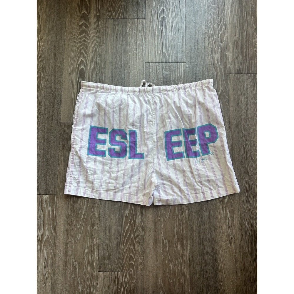 Vintage 90s Pinstripe Cotton Sleep Shorts Purple Blue Radioactive Graphic Retro